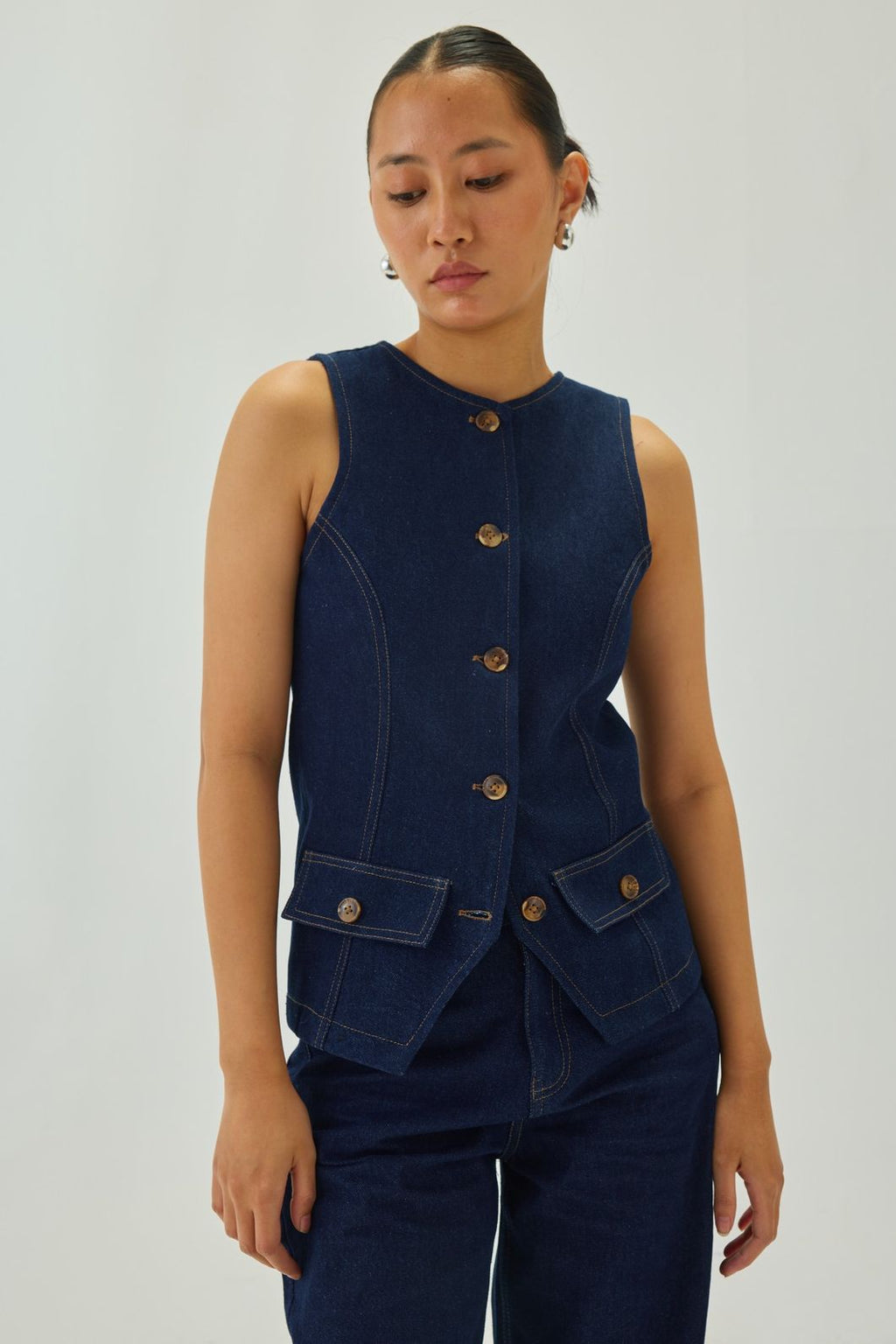 Denim Oval Neck Waistcoat | Blue