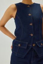 Denim Oval Neck Waistcoat | Blue