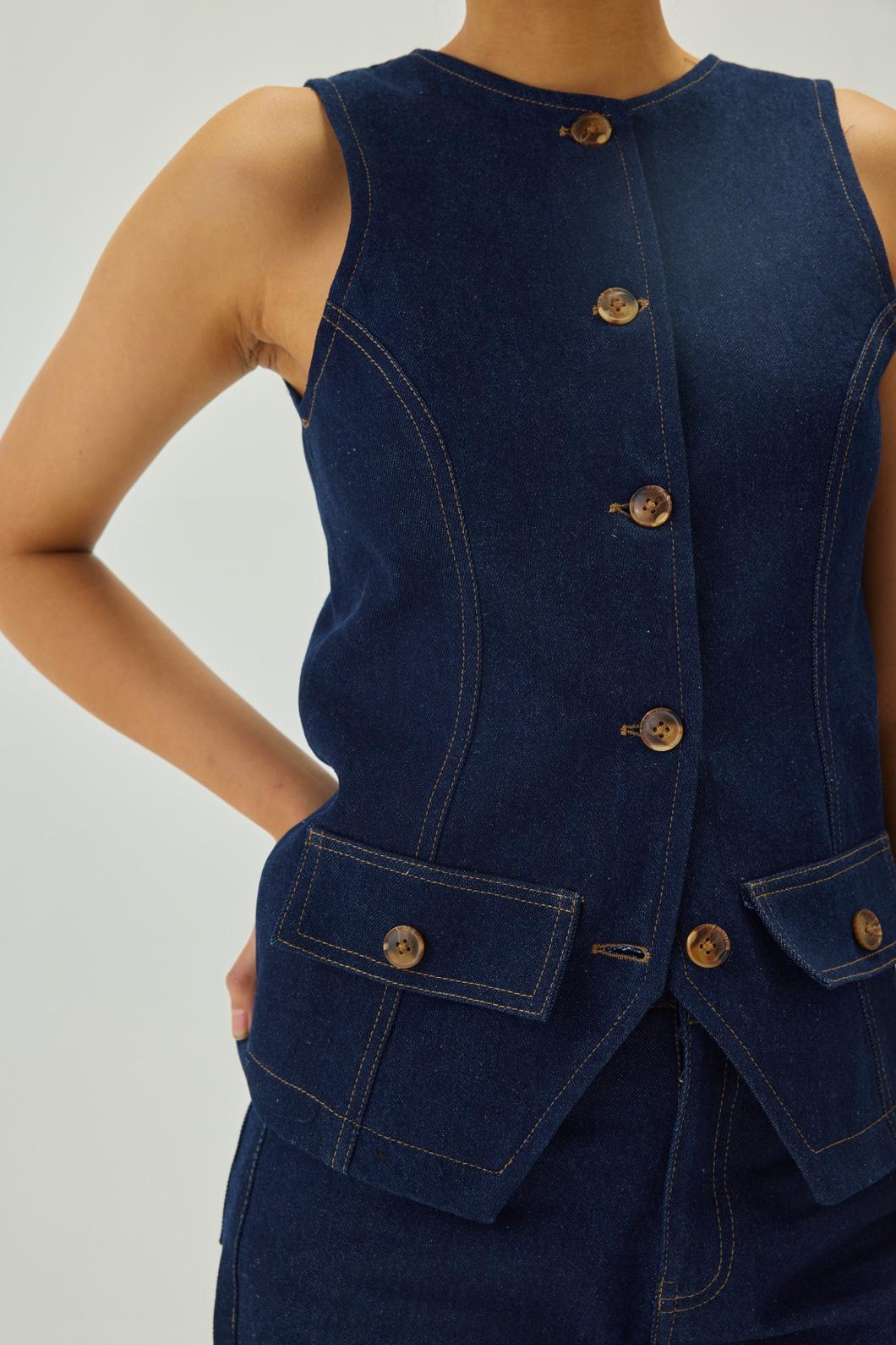 Denim Oval Neck Waistcoat | Blue