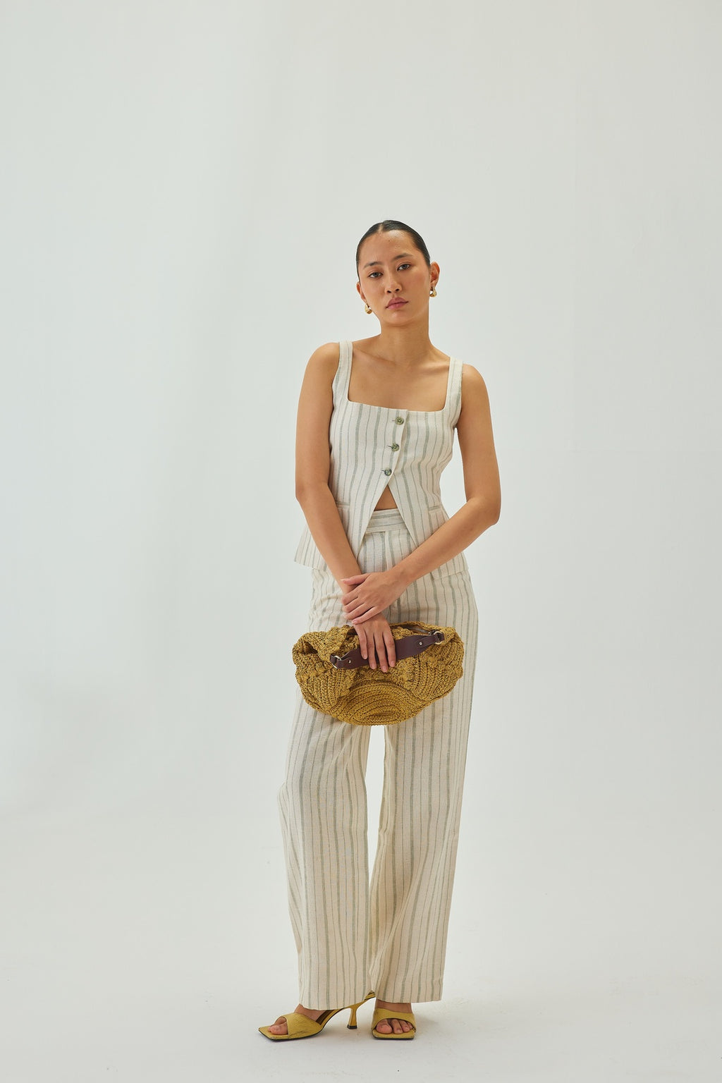 Linen Striped Straight Pants | Off White & Green