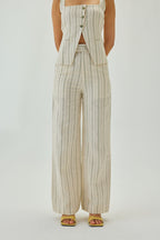 Linen Striped Straight Pants | Off White & Green