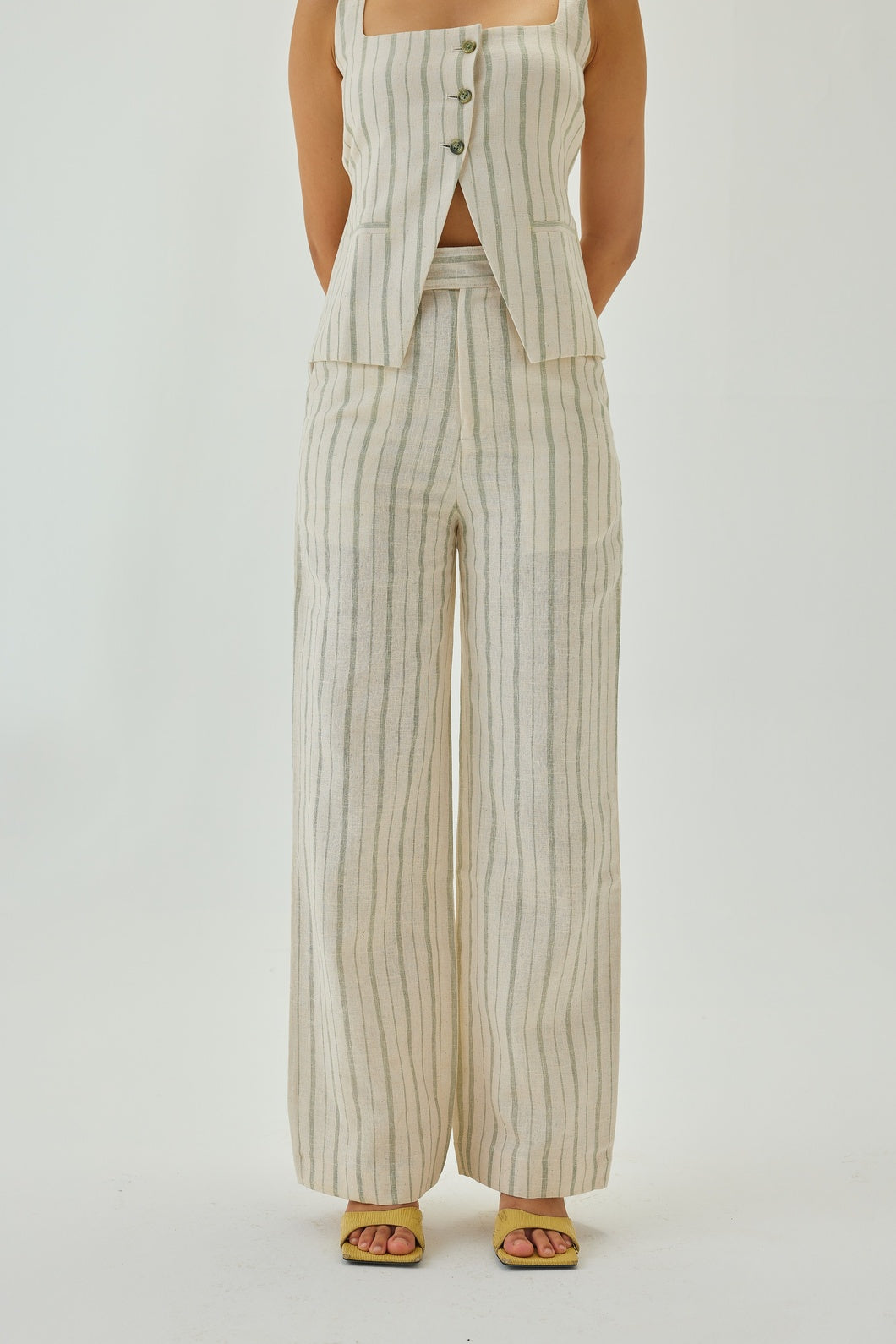 Linen Striped Straight Pants | Off White & Green