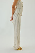 Linen Striped Straight Pants | Off White & Green