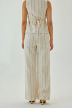 Linen Striped Straight Pants | Off White & Green