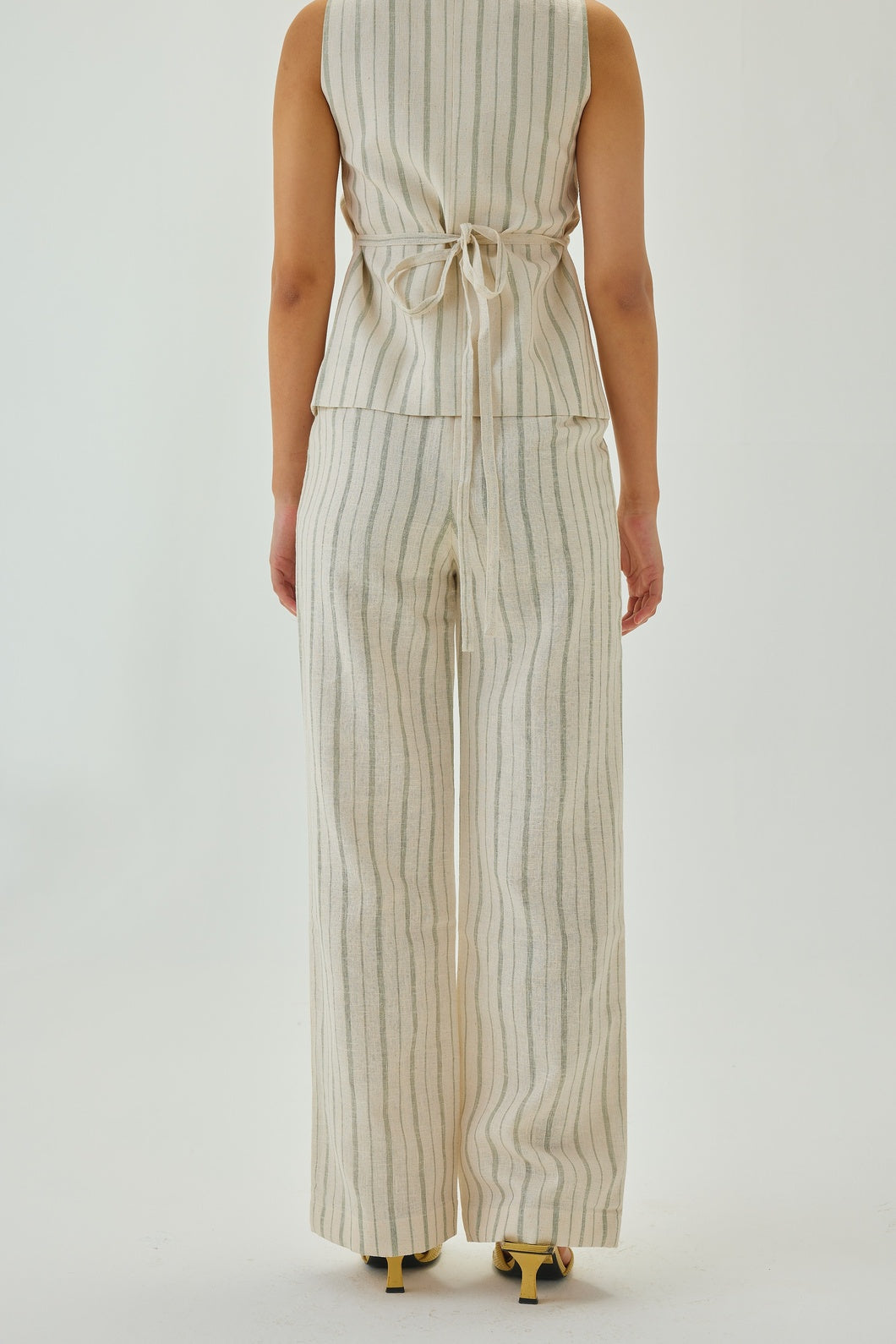 Linen Striped Straight Pants | Off White & Green