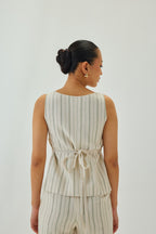 Linen Striped Square Neck Waistcoat | Off White & Green