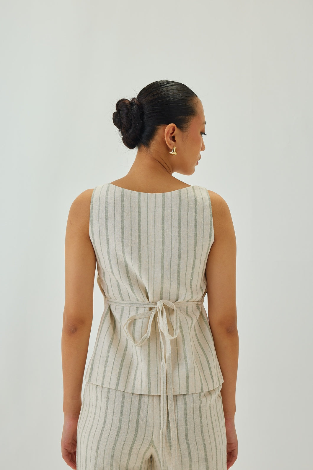 Linen Striped Square Neck Waistcoat | Off White & Green