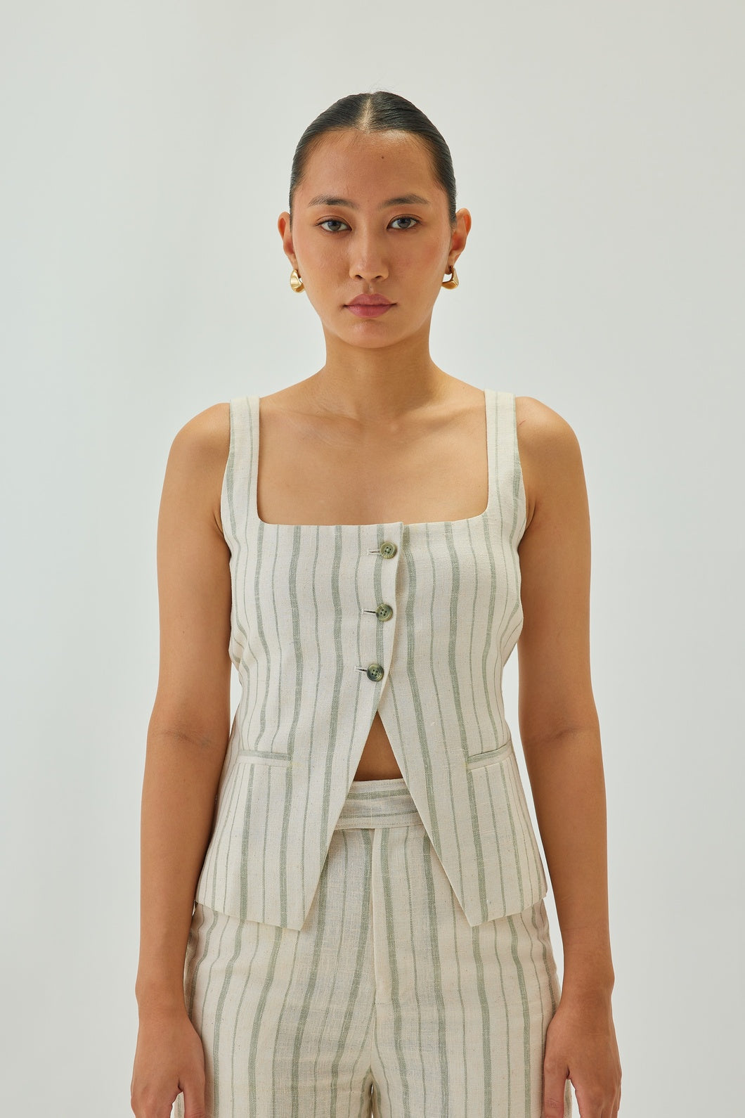 Linen Striped Square Neck Waistcoat | Off White & Green