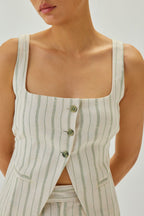 Linen Striped Square Neck Waistcoat | Off White & Green