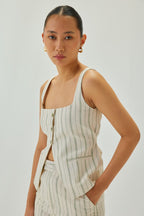 Linen Striped Square Neck Waistcoat | Off White & Green