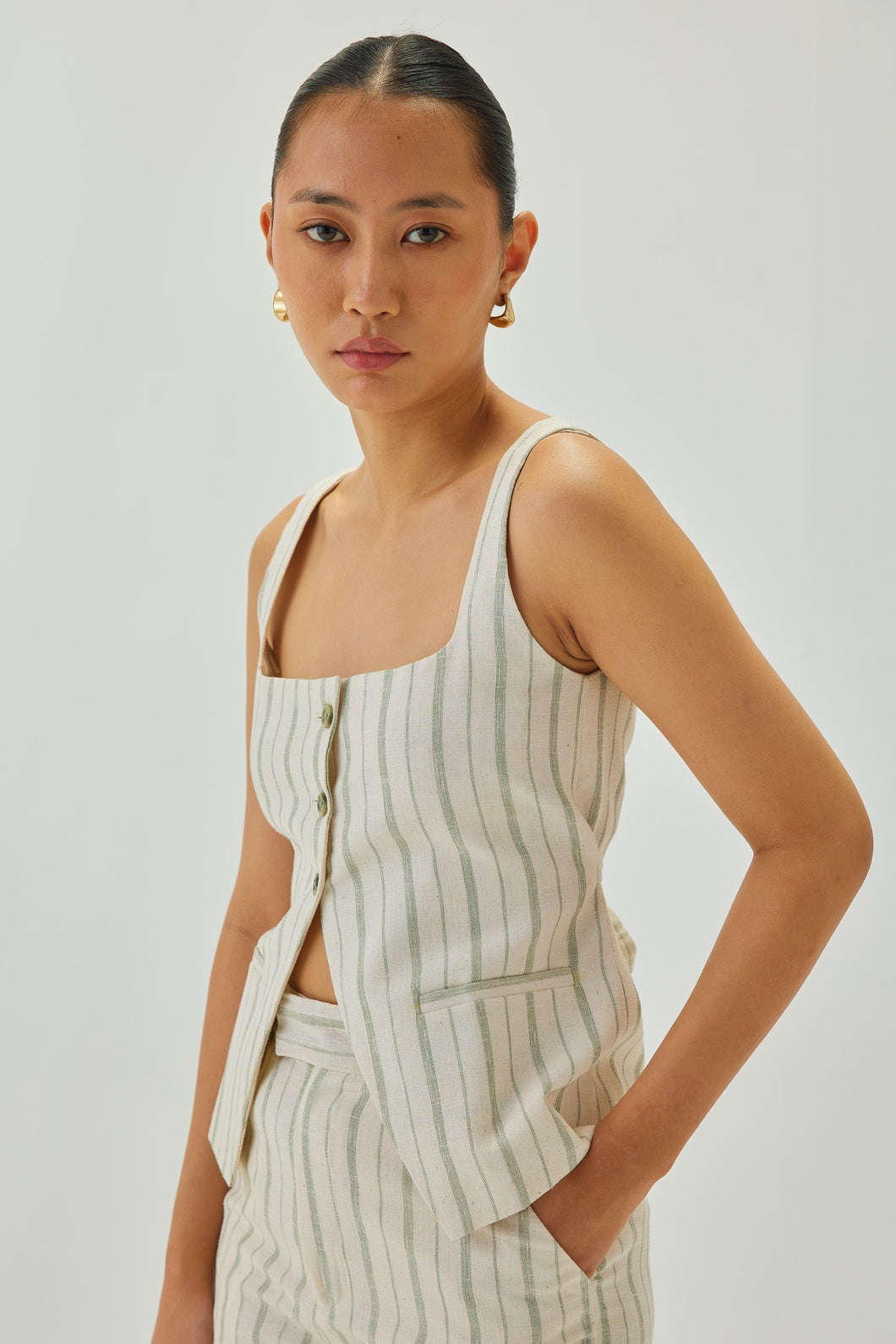 Linen Striped Square Neck Waistcoat | Off White & Green