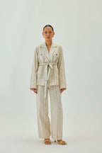 Linen Cinched-Waist Striped Jacket | Off White & Green