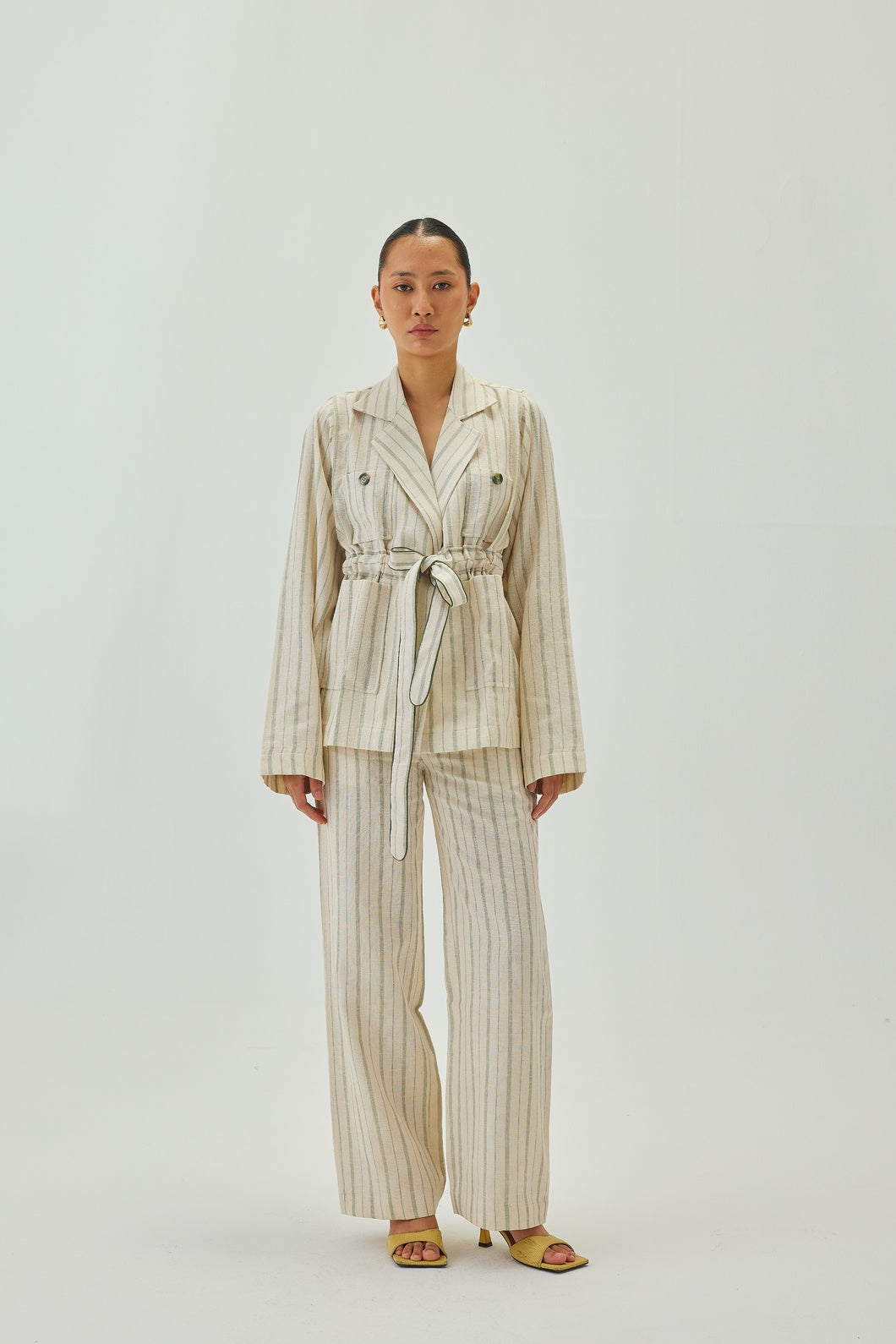 Linen Cinched-Waist Striped Jacket | Off White & Green