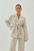 Linen Cinched-Waist Striped Jacket | Off White & Green