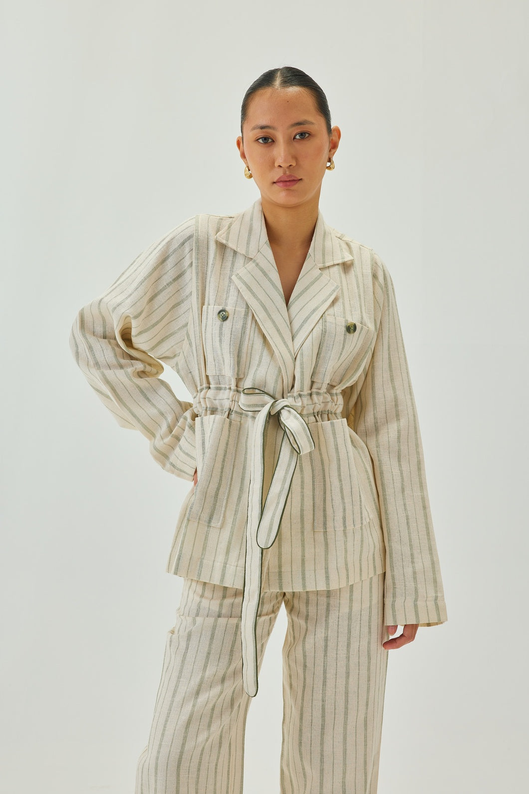 Linen Cinched-Waist Striped Jacket | Off White & Green