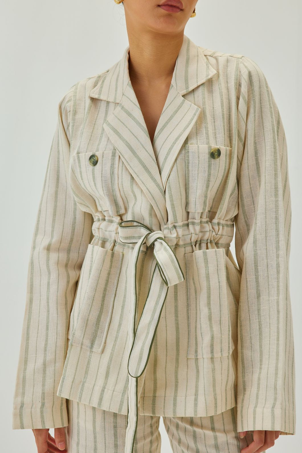 Linen Cinched-Waist Striped Jacket | Off White & Green
