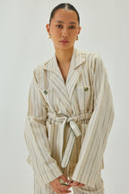 Linen Cinched-Waist Striped Jacket | Off White & Green
