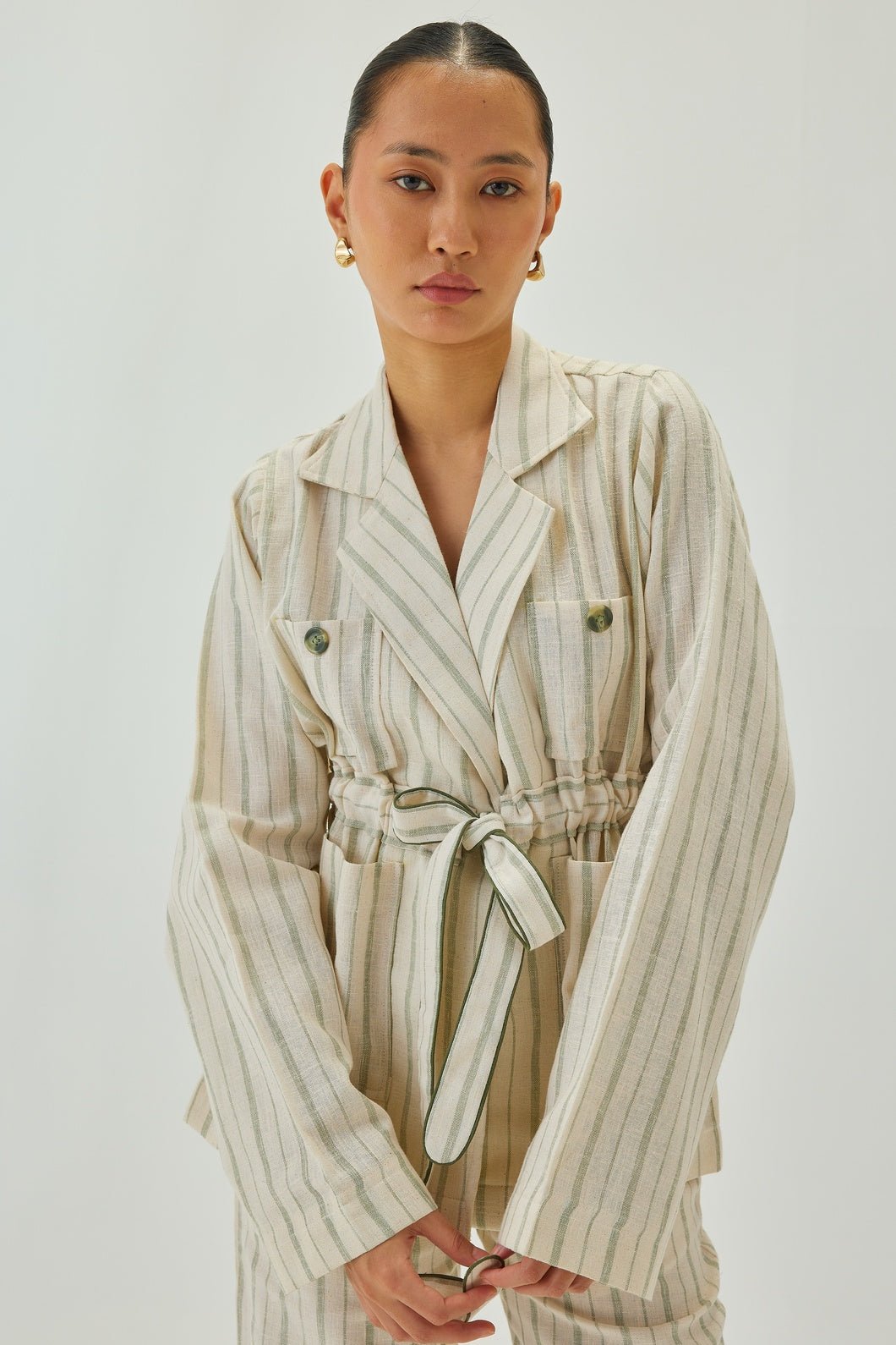 Linen Cinched-Waist Striped Jacket | Off White & Green
