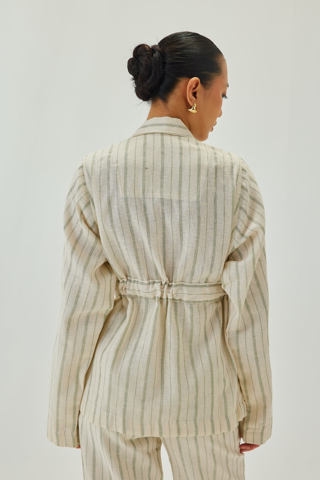 Linen Cinched-Waist Striped Jacket | Off White & Green