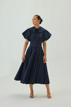 Peter Pan Collar Flare Midi Dress | Navy Blue