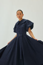 Peter Pan Collar Flare Midi Dress | Navy Blue