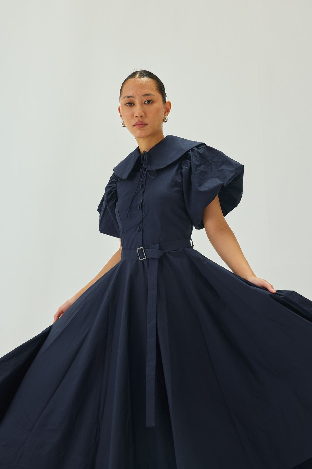 Peter Pan Collar Flare Midi Dress | Navy Blue