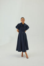 Peter Pan Collar Flare Midi Dress | Navy Blue