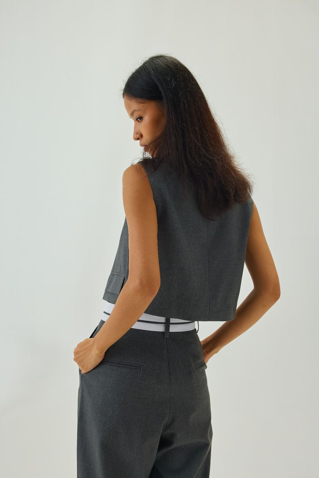 V-Neck Cropped Waistcoat | Grey