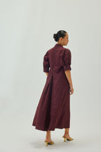 Poplin Point Collar A-Line Midi Dress | Maroon