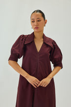 Poplin Point Collar A-Line Midi Dress | Maroon