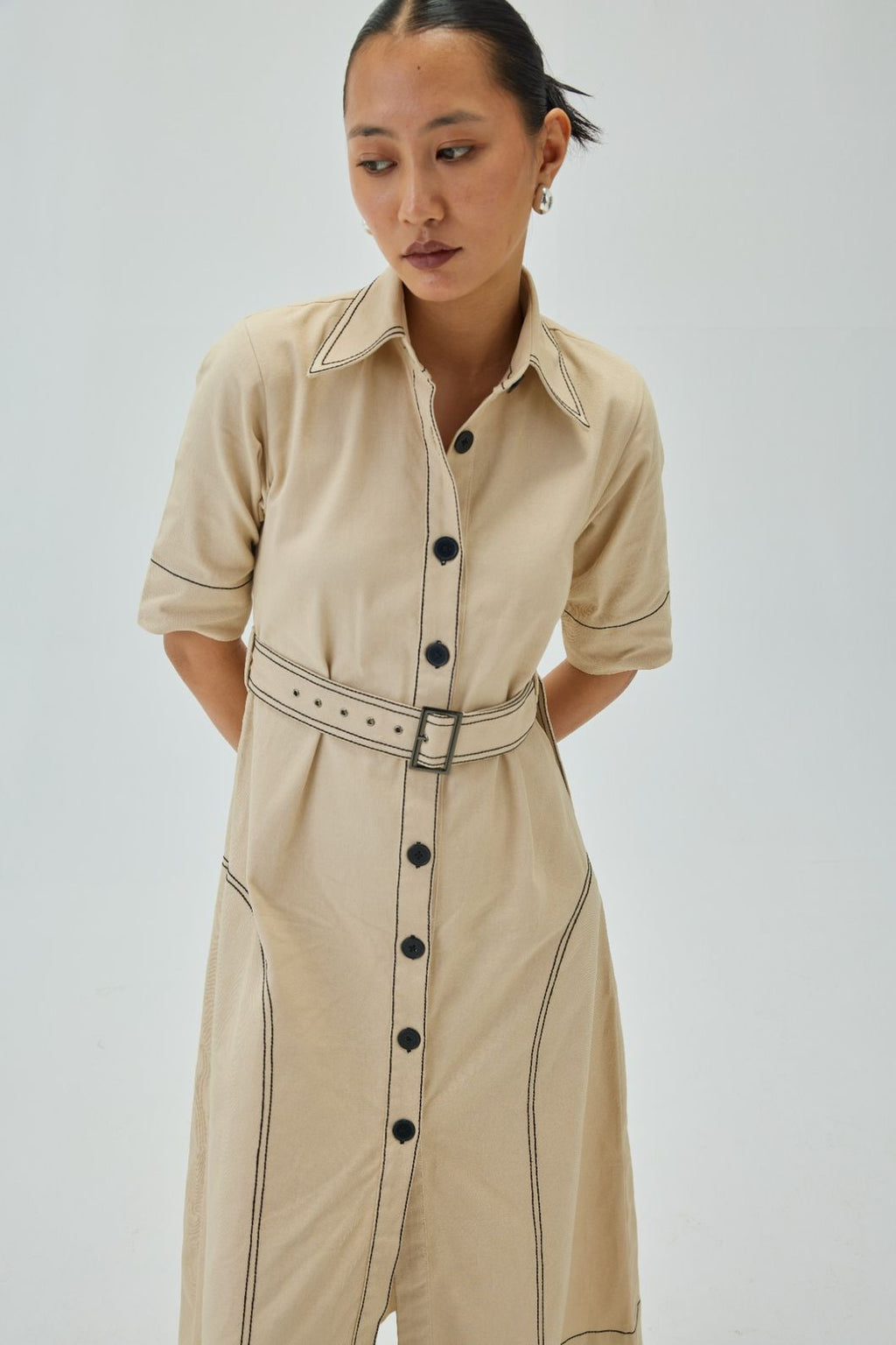 Top Stitch Midi Shirt Dress | Off White