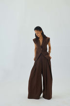 Pleated High Waist Very Wide-Leg Pants | Brown