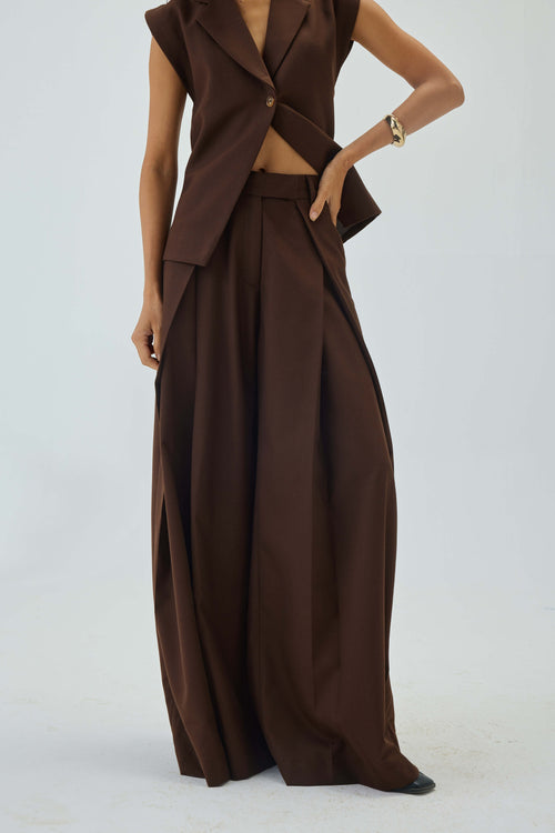 Pleated High Waist Very Wide-Leg Pants | Brown