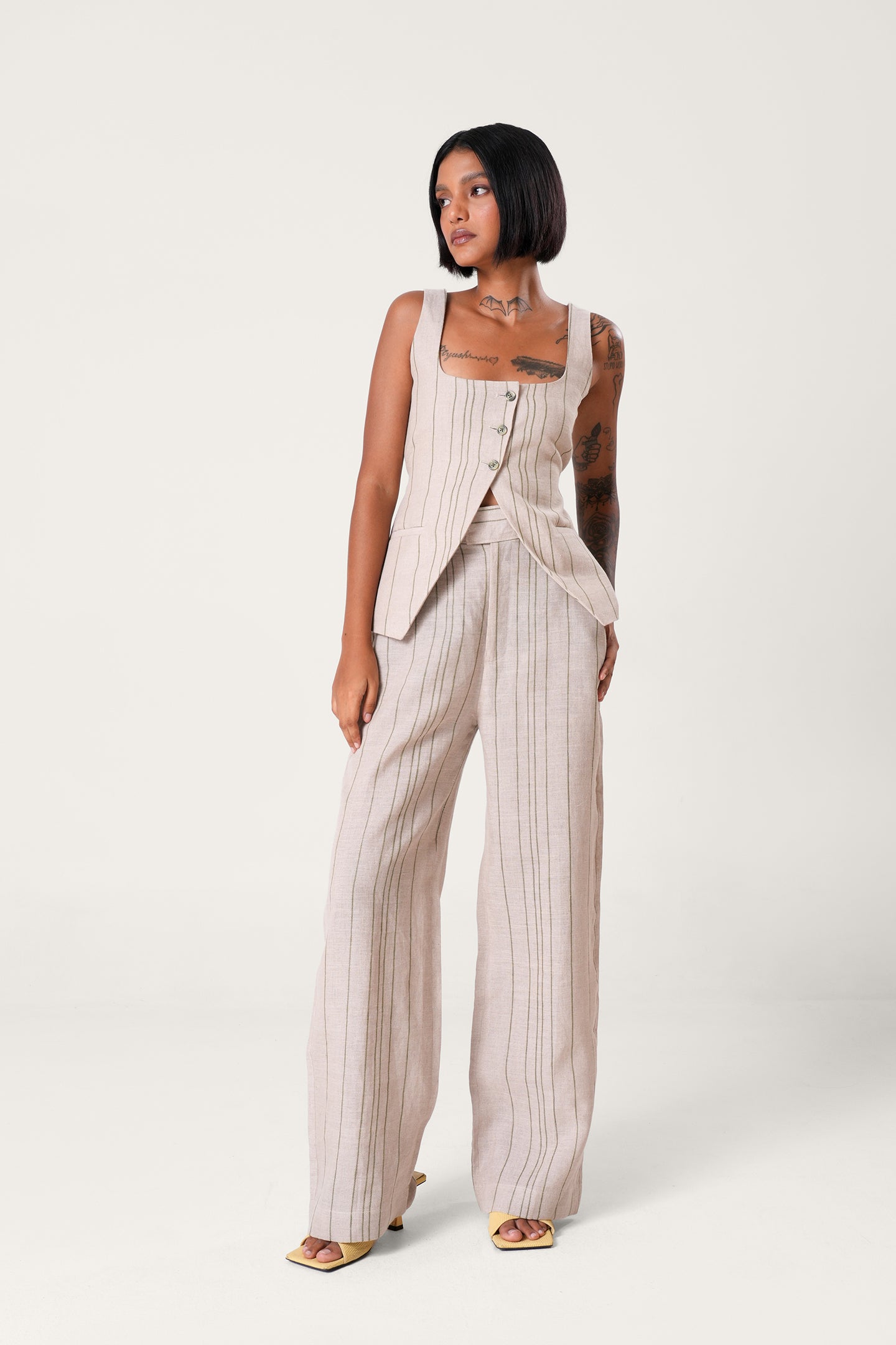 Striped Linen Waistcoat | Beige