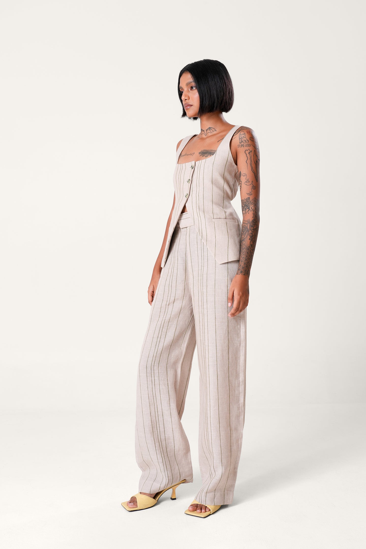 Striped Linen Waistcoat | Beige