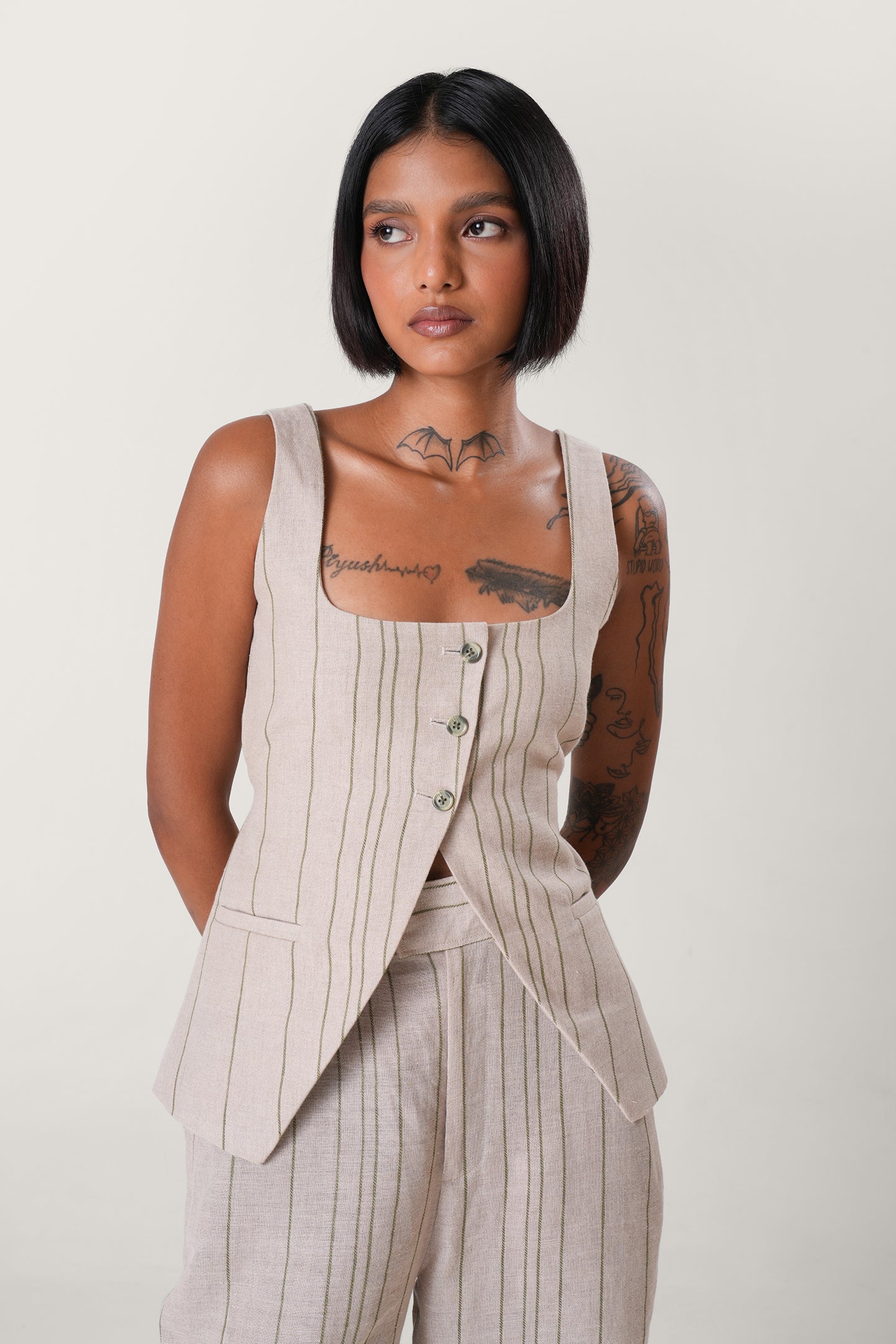 Striped Linen Waistcoat | Beige
