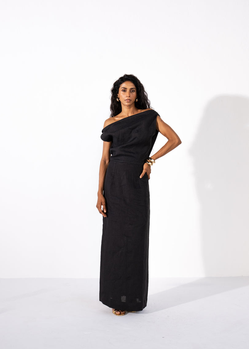 100% linen asymmetrical straight dress | Black