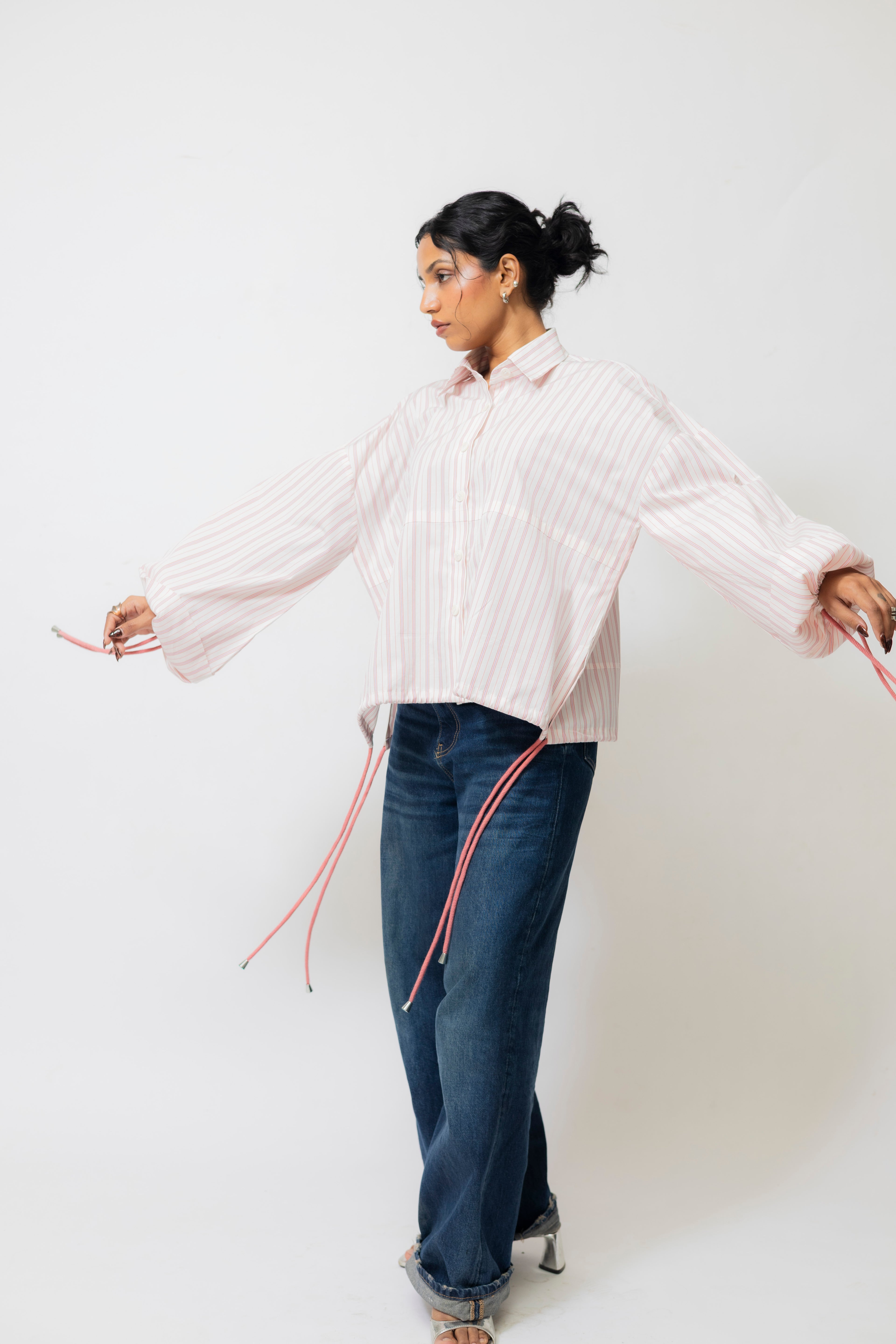 Balloon Sleeve Cotton Shirt with Drawstrings – White & Pink
