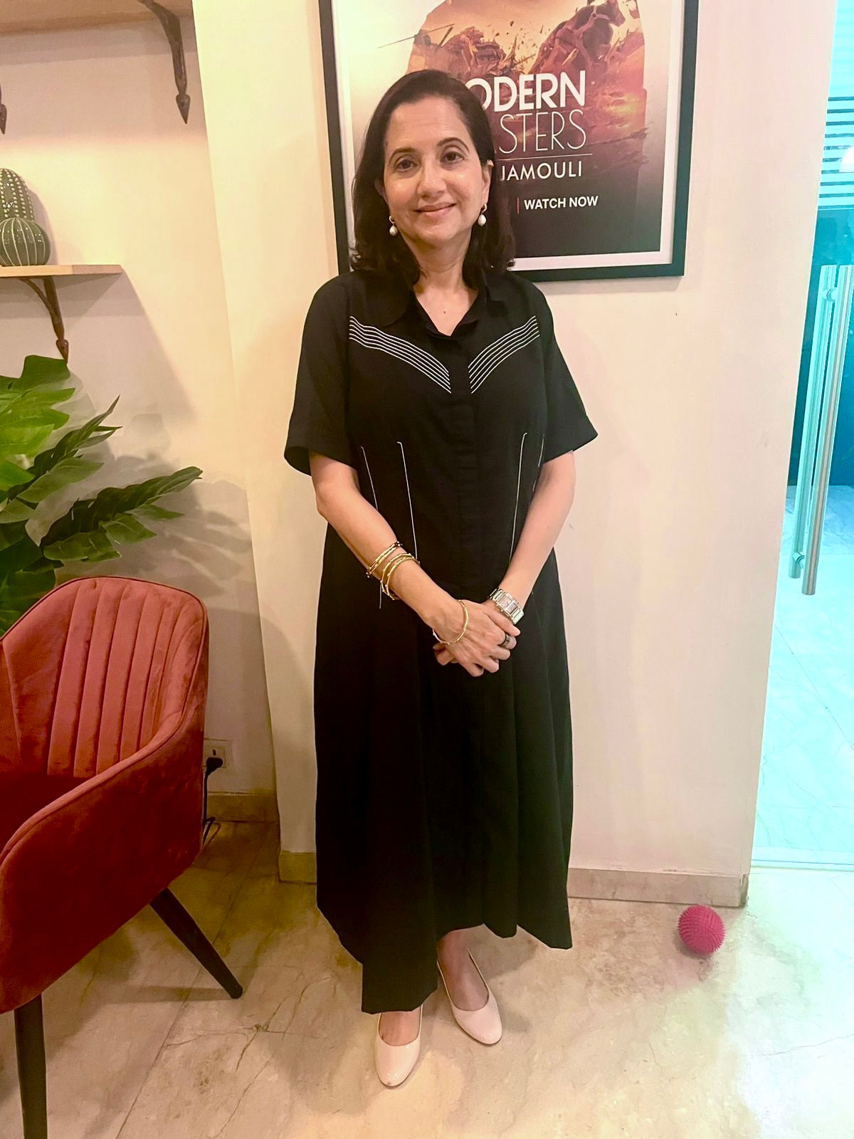 Poplin Midi Length Shirt Dress with Top Stitch Detail as seen on Anupama Chopra