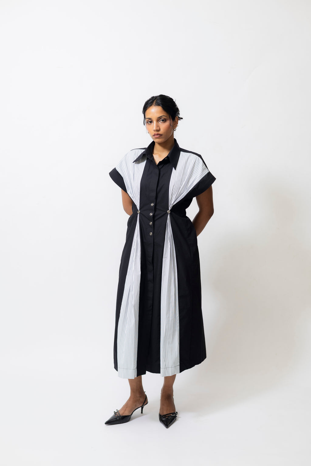 Poplin Panelled Shirt Dress with Striped Pleats – Black