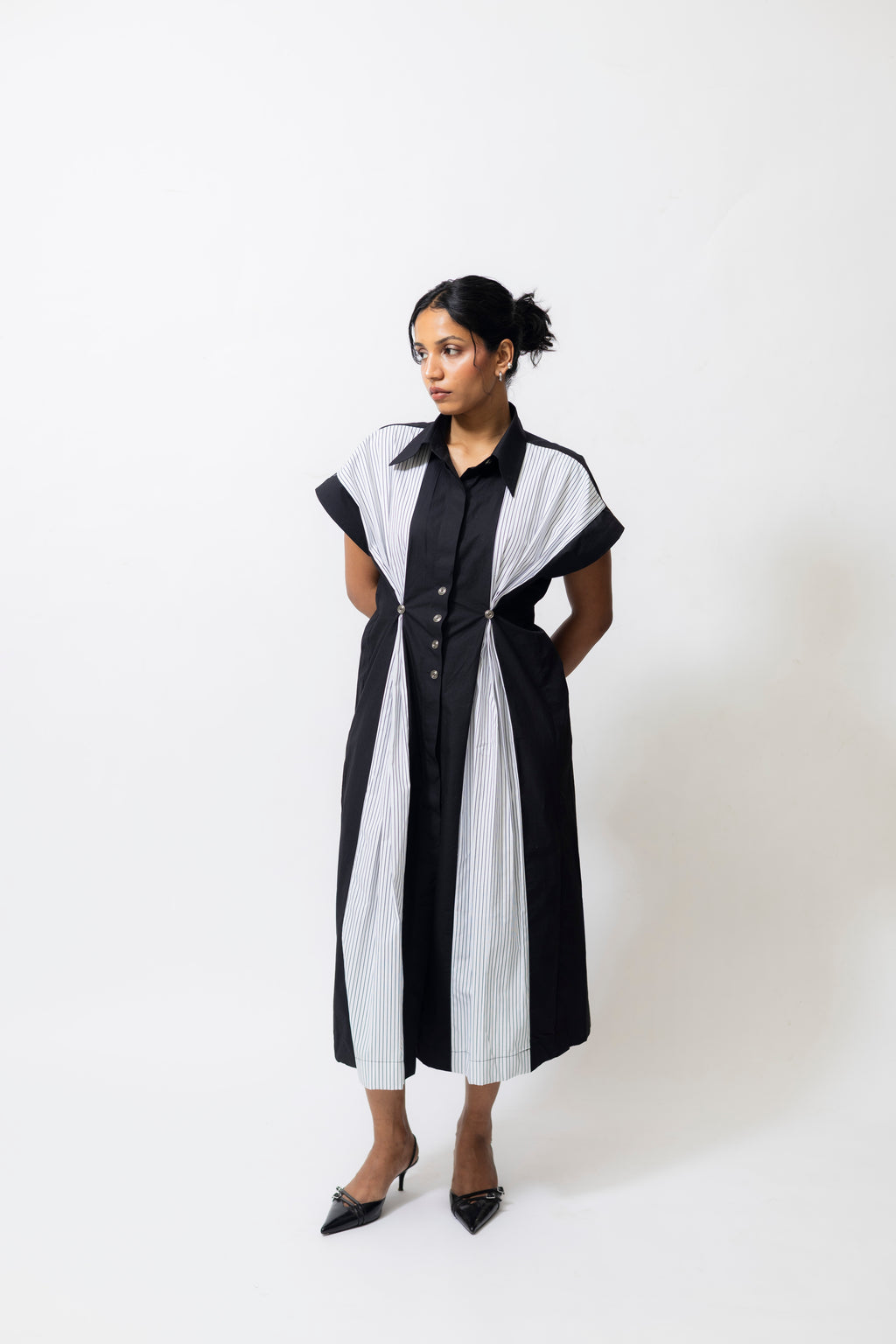 Poplin Panelled Shirt Dress with Striped Pleats – Black