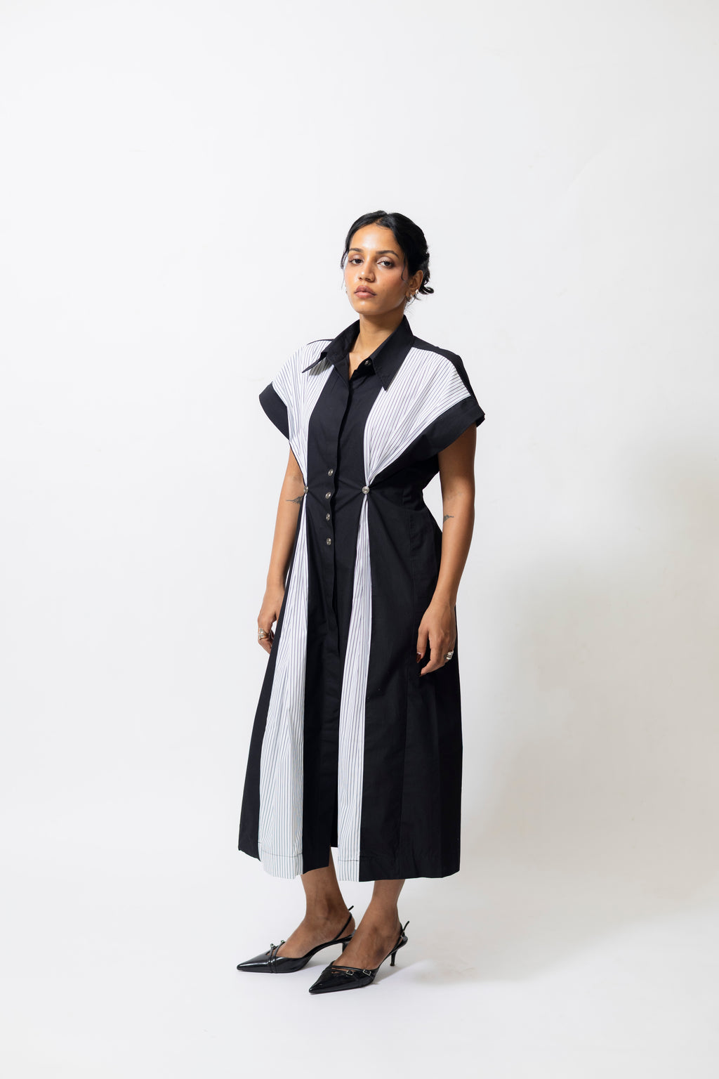Poplin Panelled Shirt Dress with Striped Pleats – Black