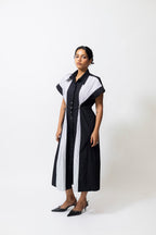 Poplin Panelled Shirt Dress with Striped Pleats – Black