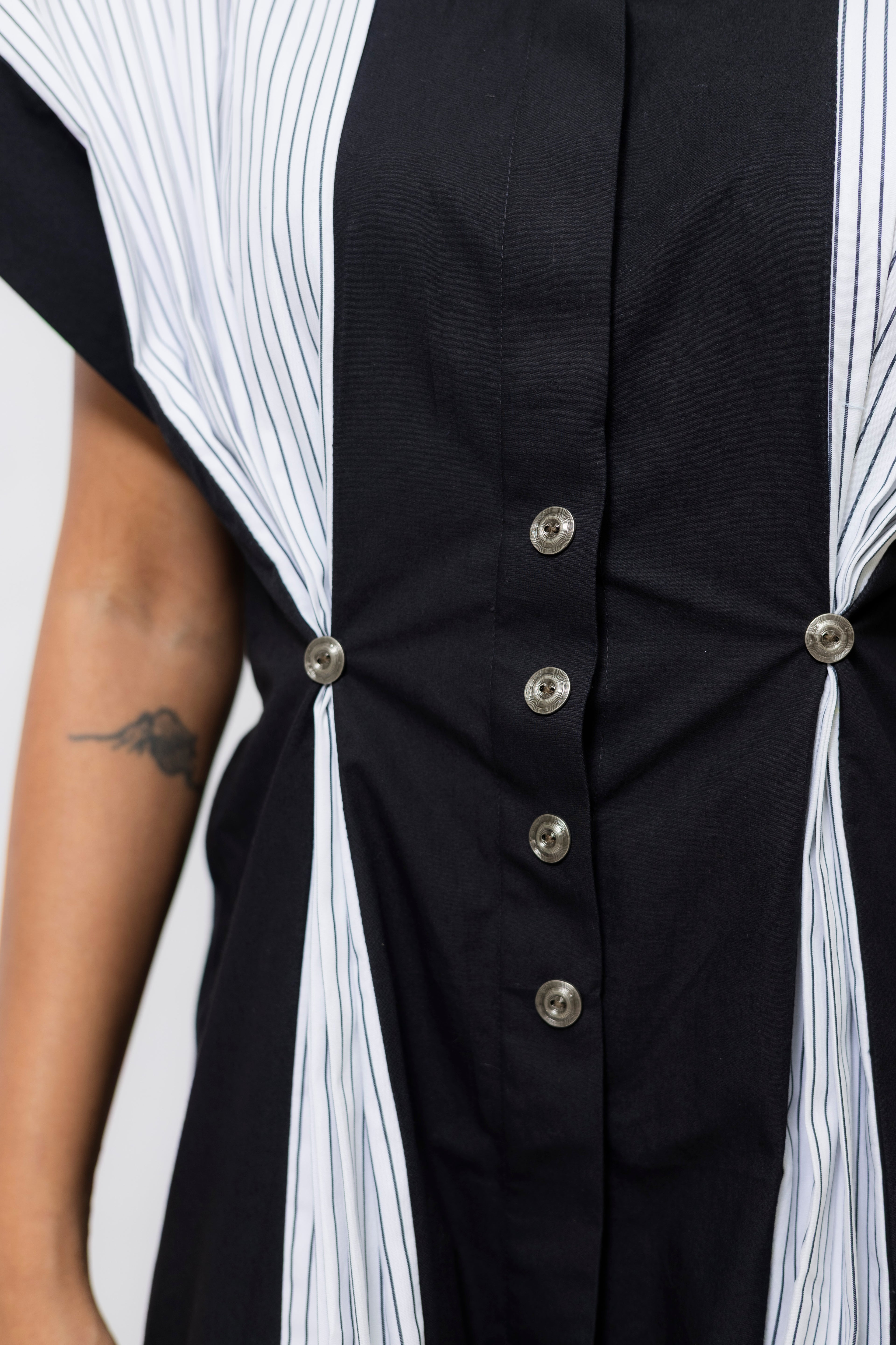 Poplin Panelled Shirt Dress with Striped Pleats – Black