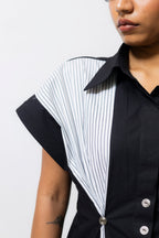 Poplin Panelled Shirt Dress with Striped Pleats – Black
