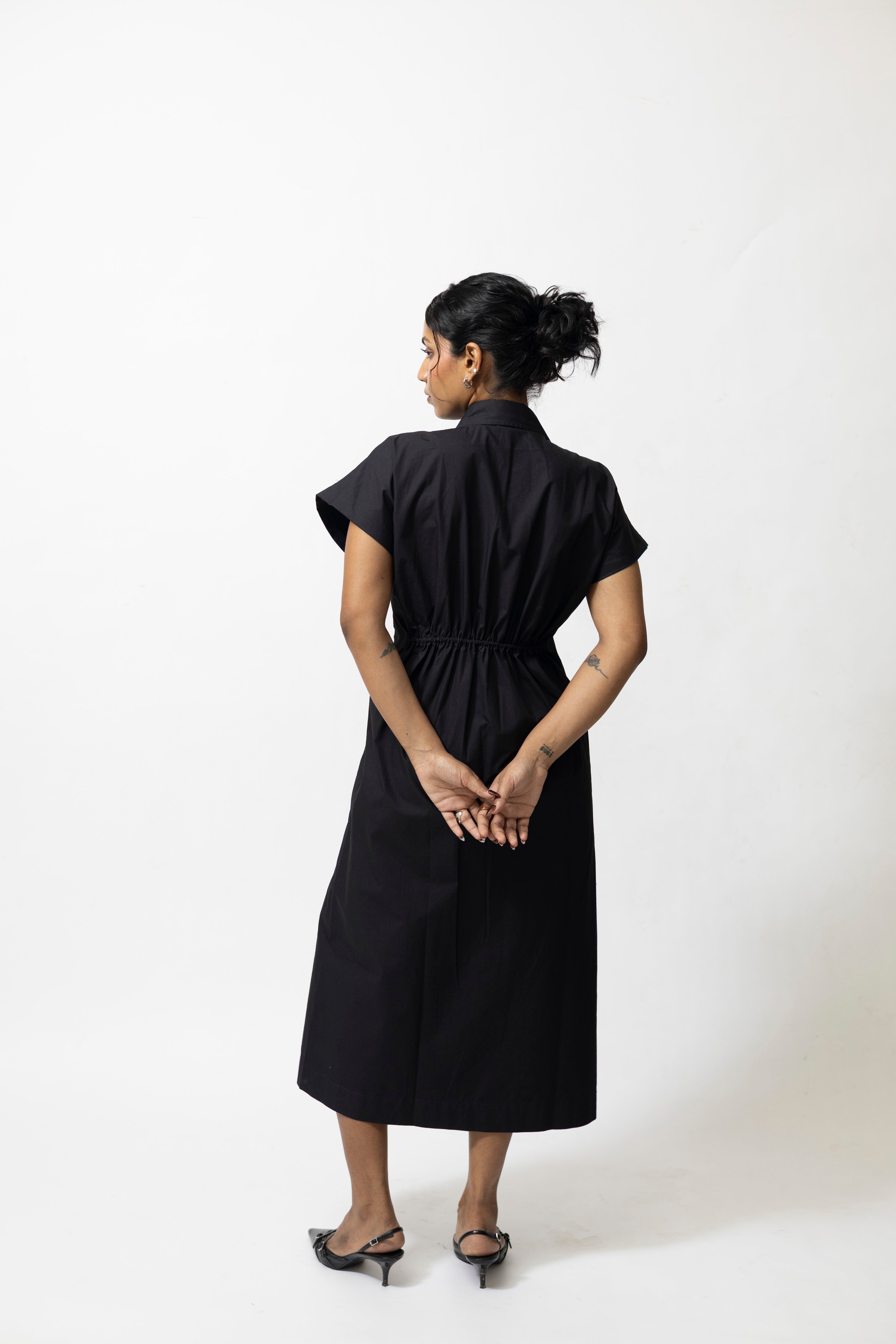 Poplin Panelled Shirt Dress with Striped Pleats – Black