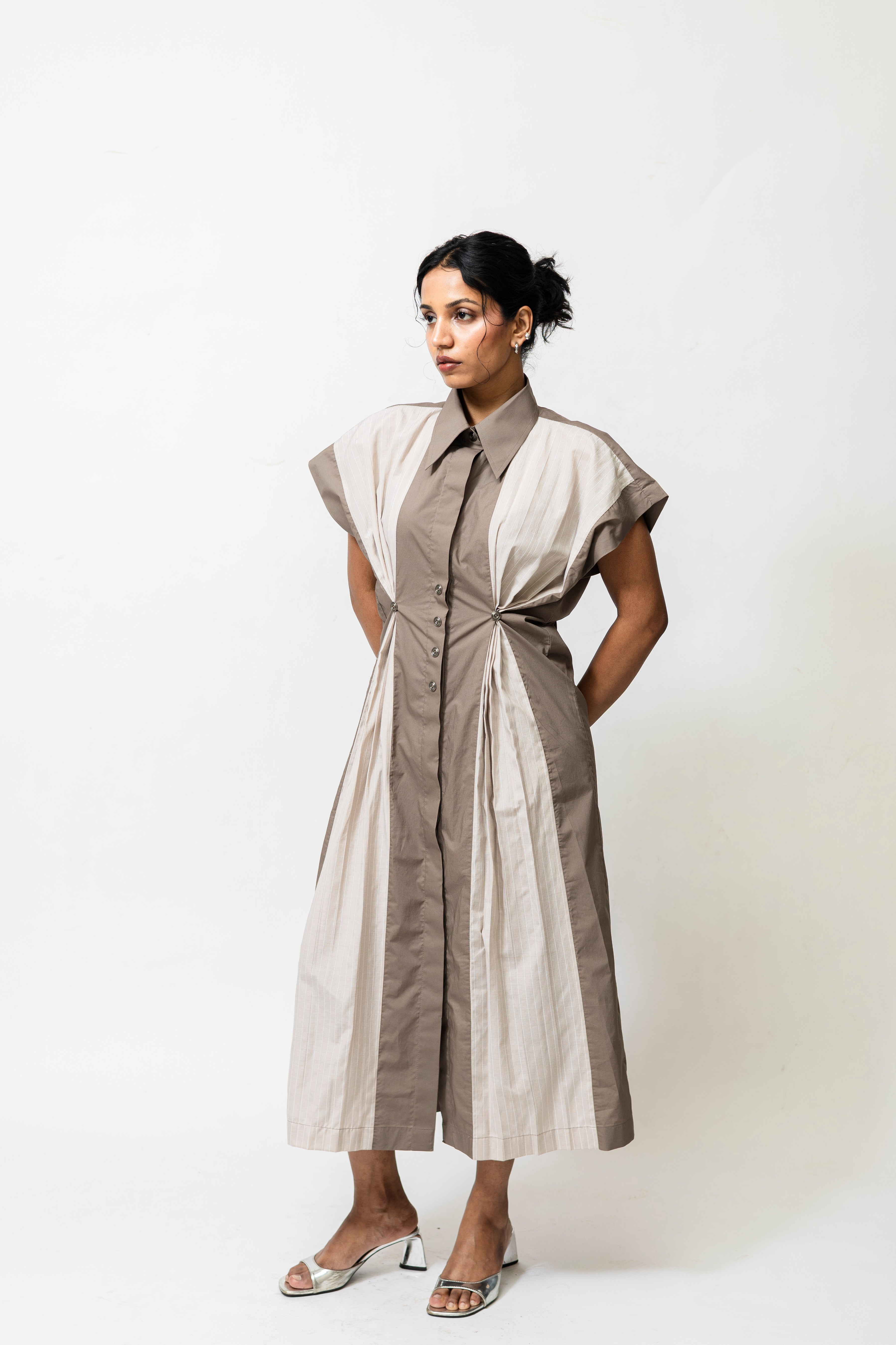 Poplin Panelled Shirt Dress with Striped Pleats – Beige