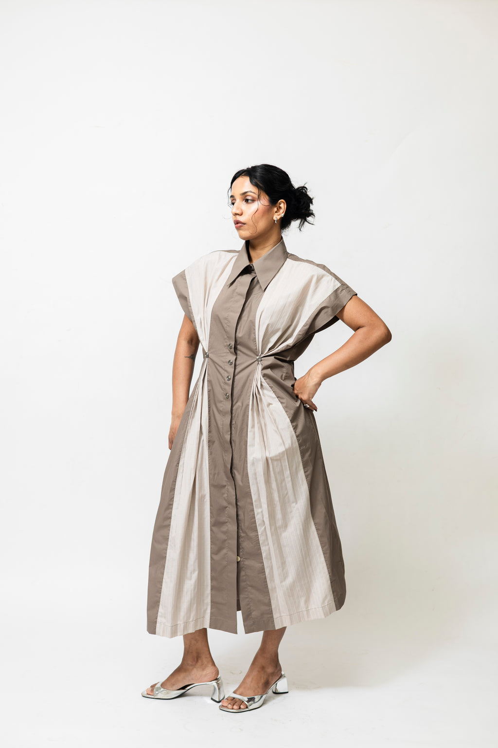 Poplin Panelled Shirt Dress with Striped Pleats – Beige