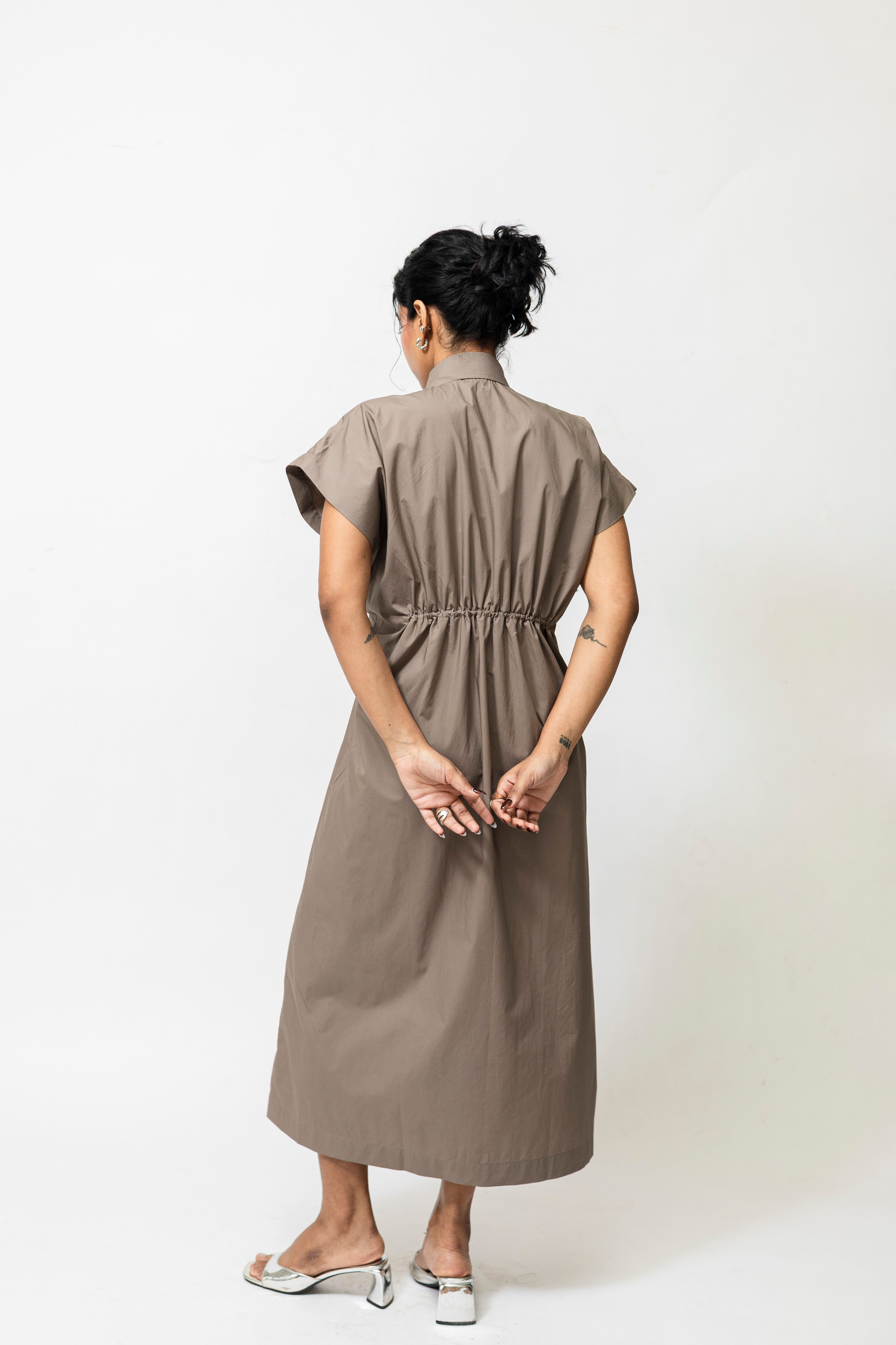 Poplin Panelled Shirt Dress with Striped Pleats – Beige