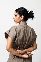 Poplin Panelled Shirt Dress with Striped Pleats – Beige